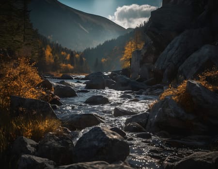 Beautiful cinematic mountain landscape with black marble and granite. High quality illustration