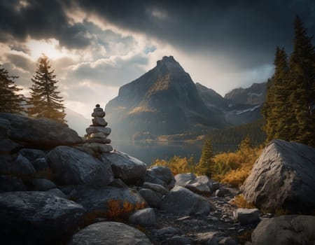 Beautiful cinematic mountain landscape with black marble and granite. High quality illustration