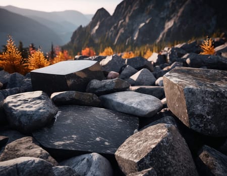 Beautiful cinematic mountain landscape with black marble and granite. High quality illustration