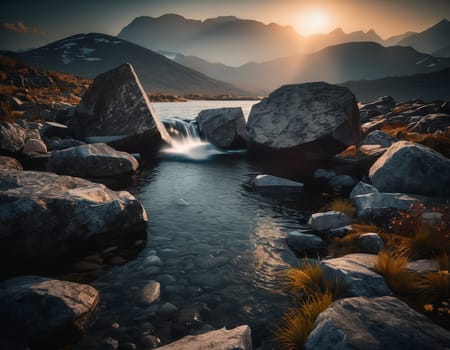 Beautiful cinematic mountain landscape with black marble and granite. High quality illustration