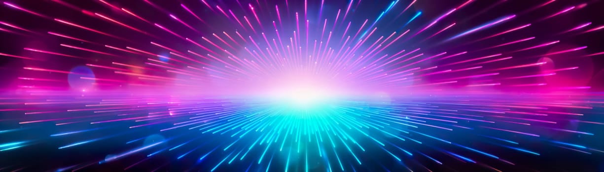 Electrifying display of neon light beams radiating from central blast, blending vibrant pink and blue hues to create a dynamic background, perfect for futuristic or celebratory themes. Generative AI