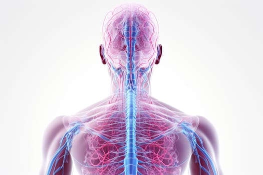 Human anatomy. Brain, spine, back of the neck and shoulder blade. Muscular and skeletal system. 3D illustration.