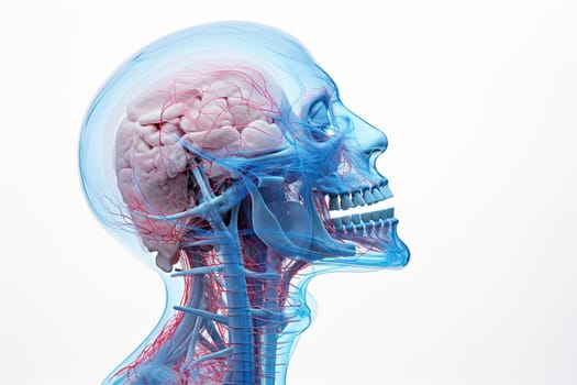 Skull bones of the human head with arteries and veins, anatomy. Human skull on a white background.