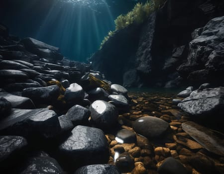 Beautiful cinematic mountain landscape with black marble and granite. High quality illustration