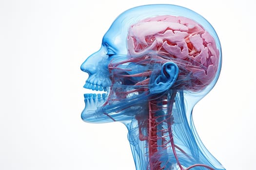 Skull bones of the human head with arteries and veins, anatomy. Human skull on a white background.