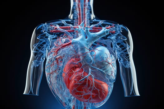 Upper body, internal organs of the chest, lungs, heart and part of the stomach, medical figure model.