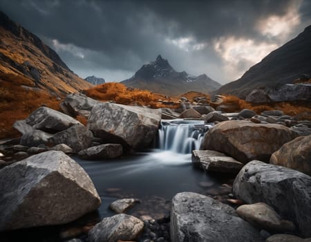 Beautiful cinematic mountain landscape with black marble and granite. High quality illustration