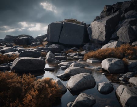 Beautiful cinematic mountain landscape with black marble and granite. High quality illustration