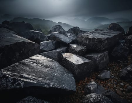 Beautiful cinematic mountain landscape with black marble and granite. High quality illustration