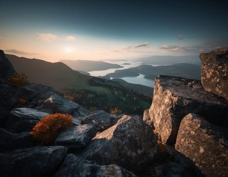 Beautiful cinematic mountain landscape with black marble and granite. High quality illustration