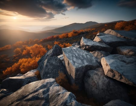 Beautiful cinematic mountain landscape with black marble and granite. High quality illustration