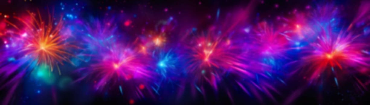 Spectacular display of vibrant neon fireworks in a burst of pink, blue, and purple hues, set against a dark night sky, perfect for festive celebrations. Happy New Year banner. Generative AI