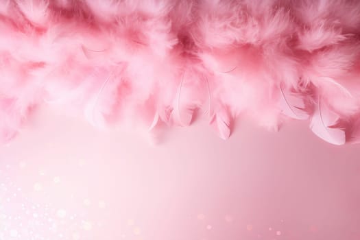 Fluffy pink feathers create a soft background with a delicate pastel gradient. Empty, copy space. Dreamy backdrop for social media content, bridal or fashion design presentations. Generative AI