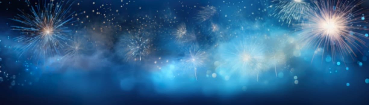 Dark blue New Year background with fireworks and empty space. Copy space for your text. Merry Xmas, Happy New Year. Festive backdrop. Generative AI