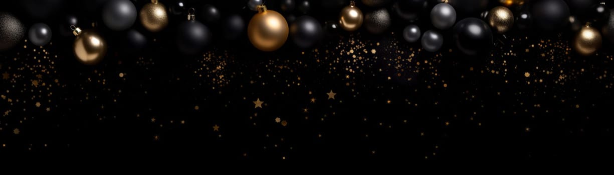 Beautiful dark Christmas background with black and golden, shining decoration and empty space. Glitter, confetti. Copy space for your text. Merry Xmas, Happy New Year. Festive backdrop. Generative AI