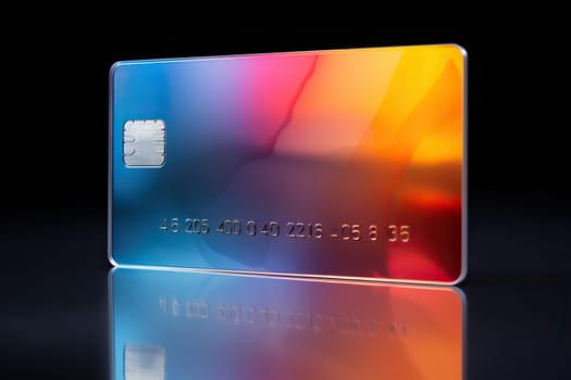 Credit card with a gradient pattern in glassmorphism style on a dark background.