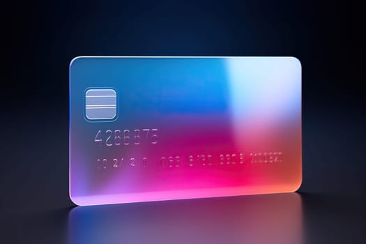Credit card with a gradient pattern in glassmorphism style on a dark background.