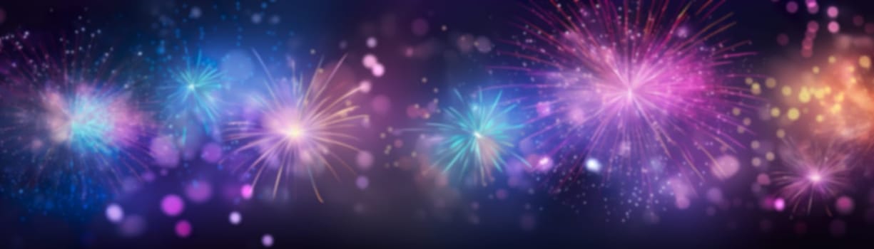 Colorful New Year background with fireworks. Festive backdrop, banner. Generative AI