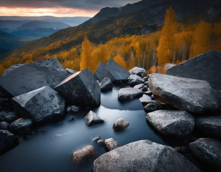 Beautiful cinematic mountain landscape with black marble and granite. High quality illustration