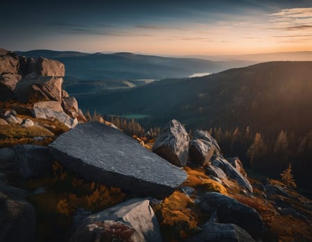 Beautiful cinematic mountain landscape with black marble and granite. High quality illustration