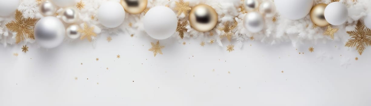 Beautiful Christmas background with white and golden, shining decoration and empty space. Glitter, confetti. Copy space for your text. Merry Xmas, Happy New Year. Festive backdrop. Generative AI