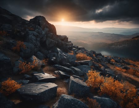 Beautiful cinematic mountain landscape with black marble and granite. High quality illustration