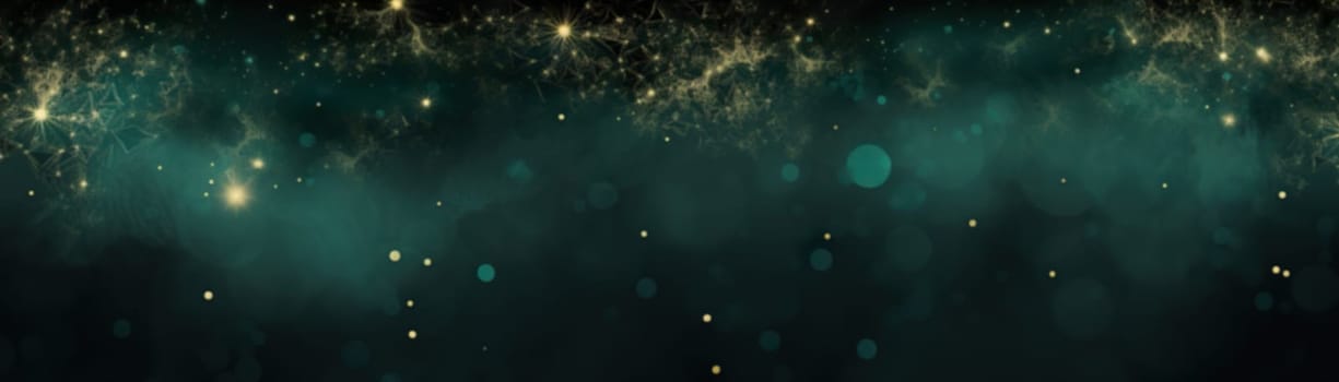 Abstract dark green background with a mystical array of golden stars and sparkling particles, conjuring a festive night sky. Copy space for your text. Merry Xmas, Happy New Year. Generative AI