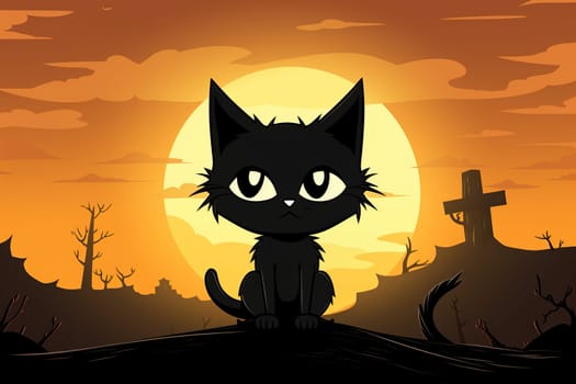 Sad black cat against the background of a yellow gloomy moon.