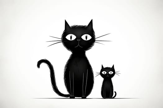 An adult black cat and a black kitten are sitting next to each other. Drawing on a white background.