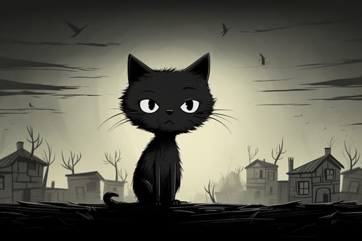 A black kitten stands in the middle of a street with houses in the dark. Drawing in dark colors.