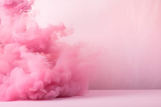 Pink smoke swirling on a light pink background. Empty, copy space for text or product. Backdrop for cosmetic advertising, event backdrops, romantic content, wellness and spa marketing. Generative AI