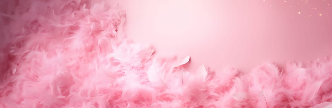 Fluffy pink feathers create a soft background with a delicate pastel gradient. Empty, copy space. Dreamy backdrop for social media content, bridal or fashion design presentations. Generative AI