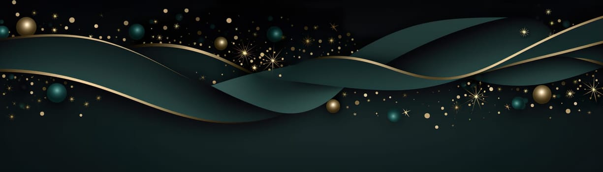 Elegant dark green abstract background with golden wave patterns, adorned with festive baubles and twinkling stars, perfect for luxurious holiday designs. Merry Xmas, Happy New Year. Generative AI