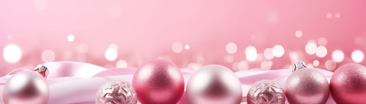 Beautiful pink Christmas background with shining decor and empty space. Glitter, bokeh lights. Copy space for your text. Merry Xmas, Happy New Year. Festive backdrop. Generative AI