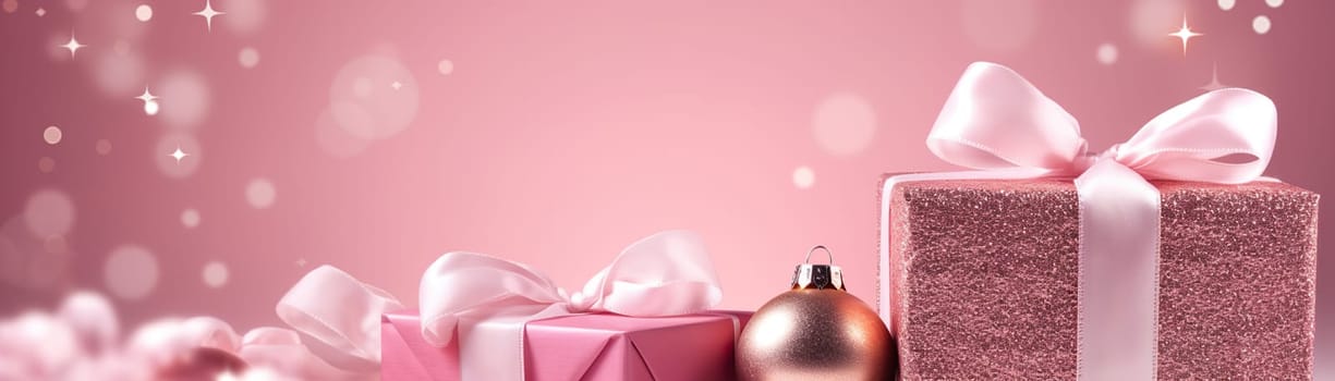 Beautiful pink Christmas background with present, shining decoration and empty space. Bokeh lights. Copy space for your text. Merry Xmas, Happy New Year. Festive backdrop. Generative AI
