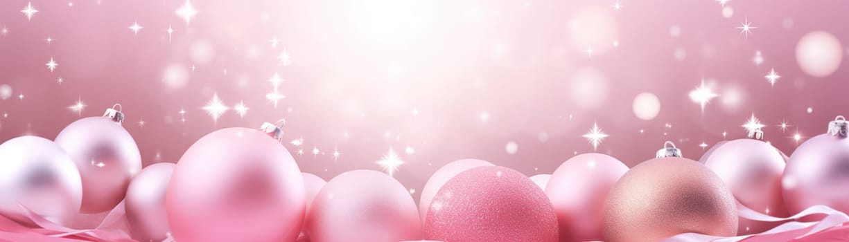 Beautiful pink Christmas background with shining decor and empty space. Glitter, bokeh lights. Copy space for your text. Merry Xmas, Happy New Year. Festive backdrop. Generative AI