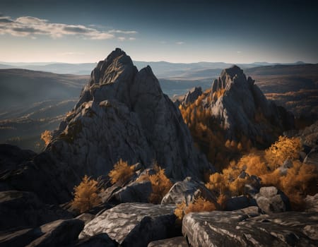 Beautiful cinematic mountain landscape with black marble and granite. High quality illustration