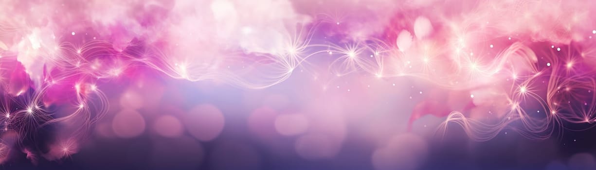 Whimsical pink and purple smoke with sparkling light trails, creating a magical wide background for festive occasions. Backdrop for advertising text, event invitations, meditation apps. Generative AI