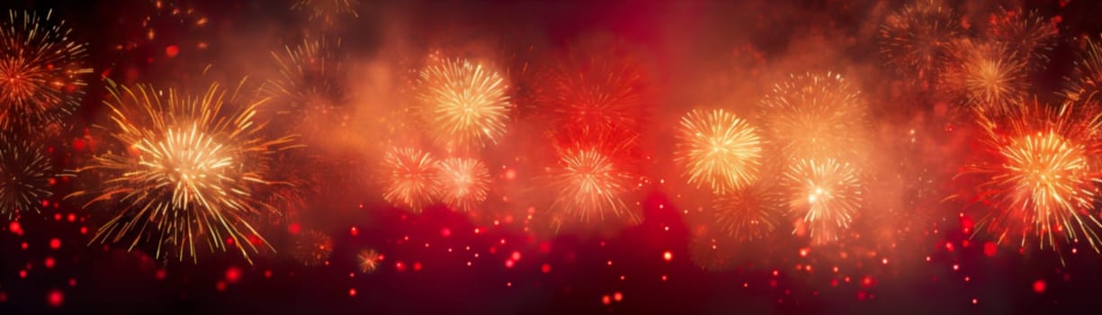 Dark red New Year background with fireworks. Festive backdrop, banner. Generative AI