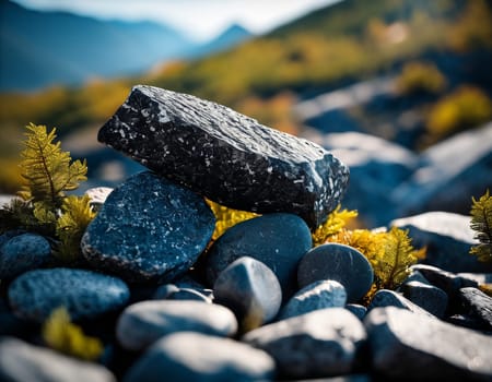 Beautiful cinematic mountain landscape with black marble and granite. High quality illustration