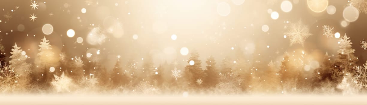 Beige Christmas background with fir trees, snowflakes and empty space. Copy space for your text. Merry Xmas, Happy New Year. Festive backdrop, banner. Generative AI