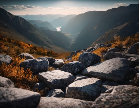 Beautiful cinematic mountain landscape with black marble and granite. High quality illustration