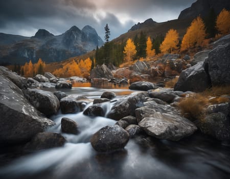 Beautiful cinematic mountain landscape with black marble and granite. High quality illustration