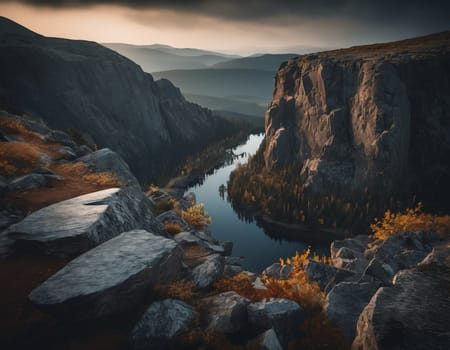 Beautiful cinematic mountain landscape with black marble and granite. High quality illustration