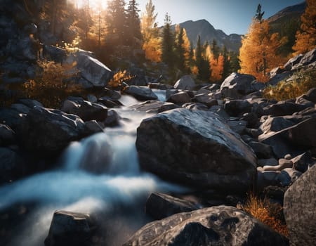 Beautiful cinematic mountain landscape with black marble and granite. High quality illustration