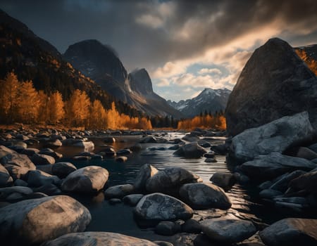 Beautiful cinematic mountain landscape with black marble and granite. High quality illustration