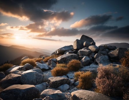 Beautiful cinematic mountain landscape with black marble and granite. High quality illustration