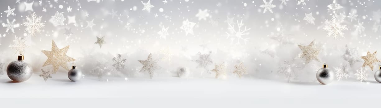 Beautiful Christmas background with white decoration and empty space. Snow, snowflakes. Copy space for your text. Merry Xmas, Happy New Year. Festive backdrop. Generative AI