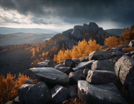 Beautiful cinematic mountain landscape with black marble and granite. High quality illustration