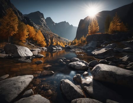 Beautiful cinematic mountain landscape with black marble and granite. High quality illustration